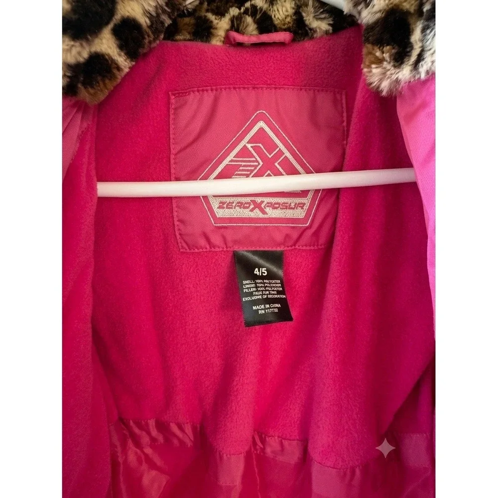 ZeroXposure Girls 4/5 Hot Pink Quilted Puffer Jacket Faux Fur Leopard Hood